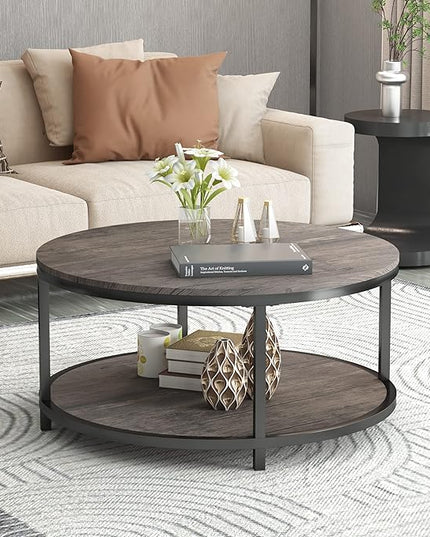 NSdirect Round Coffee Table,36" Coffee Table for Living Room,2-Tier Rustic Wood Desktop with Storage Shelf Modern Design Home Furniture(Light Walnut)