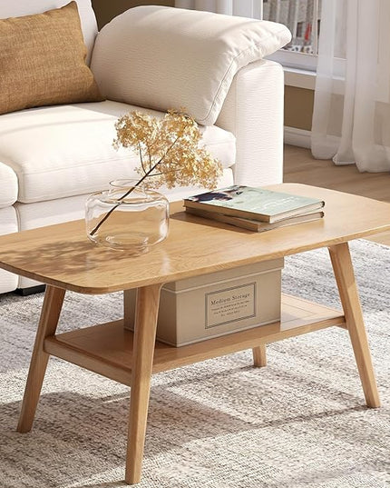 100% Solid Oak Wood Coffee Table for Living Room, 2-Tier Coffee Tables with Shelf Storage, Mid Century Modern Table with Rounded Corners (Natural Colour, 47.24" W x22.05 D x 17.32" H)