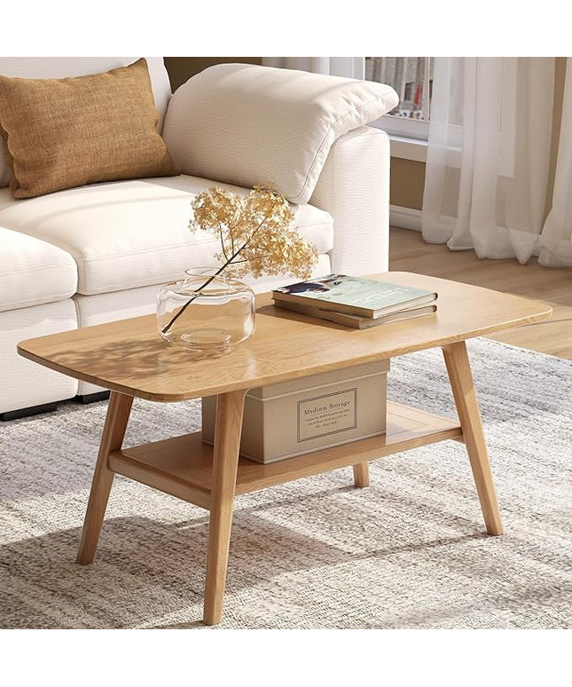 100% Solid Oak Wood Coffee Table for Living Room, 2-Tier Coffee Tables with Shelf Storage, Mid Century Modern Table with Rounded Corners (Natural Colour, 47.24" W x22.05 D x 17.32" H)