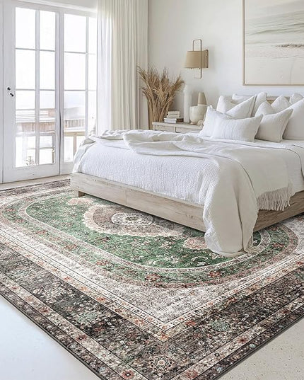 8x10 Area Rugs Washable,Green Rug for Living Room Bedroom Dining Room,Large Boho Vintage Bohemian Distressed Oriental Carpet Non Slip