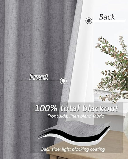 Guken Grey Linen Blackout Curtains 84 Inch Length 2 Panels Set for Living Room Bedroom Back Tab Thermal Insulated 100% Black Out Linen Drapes Room Darkening Window Curtains 84 Inches Long
