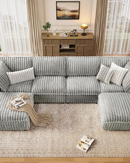 KKL Modular Sectional Couch for Living Room, U Shaped Corduroy Couches with 2 Ottomans, 6 Seater Oversized Sofa Convertible to Sleeper, Soft Fabric Modern Sofa, Grey