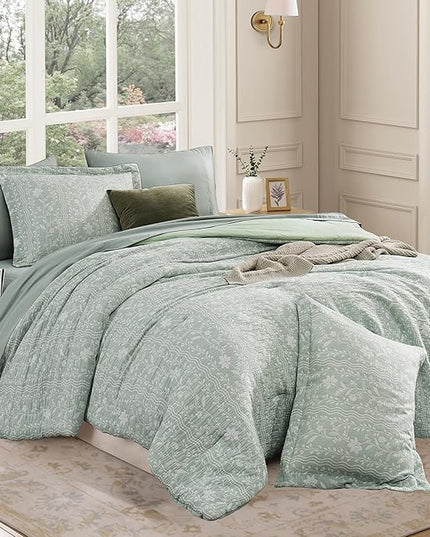 Full Comforter Set -7 Pieces Green Floral Comforter Set for All Seasons, Bed in a Bag Full with Botanical Flowers Comforter, Sheets, Pillowcases & Shams
