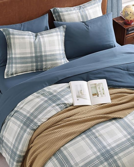 MaiRêve Plaid Queen Comforter Sets, Blue Grey Grid Farmhouse Bedding Set Bed in A Bag, Classic Checkered Comforter Sets with Fitted & Flat Sheet, Pillowcases & Shams(Blue Grey, 90"x90")
