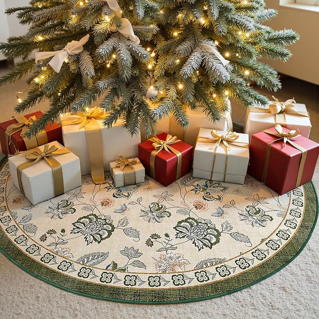 jinchan Elora 5ft Floral Round Rug for Entryway Washable Rug Vintage Romance Christmas Design Non Slip Indoor Doormat Lightweight Low-Profile Throw Carpet for Living Room Dining Room, Green/Beige