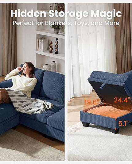 CHIC HOUSE Corduroy Modular Sectional Couch with Ottoman Chaise, L/U Shaped Sleeper Sofa for Living Room, Apartment, Lounge, Modern Armrest Neck Support Furniture (5 Seater Sectional, Navy Blue)