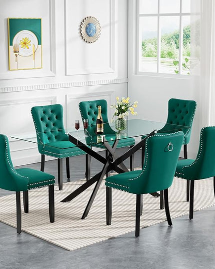 HomVent 7 Piece Rectangular Glass Dining Table Set, Tempered Glass Dinner Table Set for 6 Kitchen Table Set with 6 Velvet Upholstered Chairs for Kitchen Dining Room