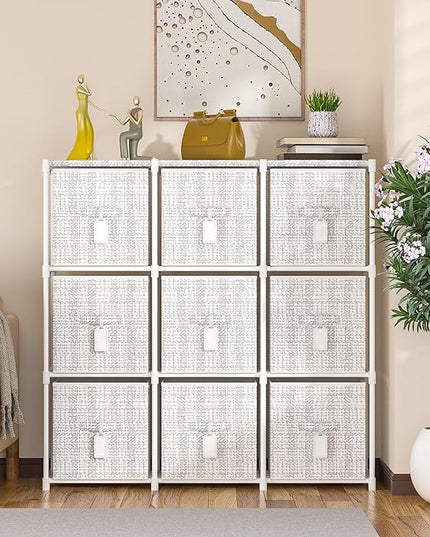 9 Cube Storage Organizer with Printed Drawers, Toy Cubby Storage for Closet, Living Room, Dorm - White