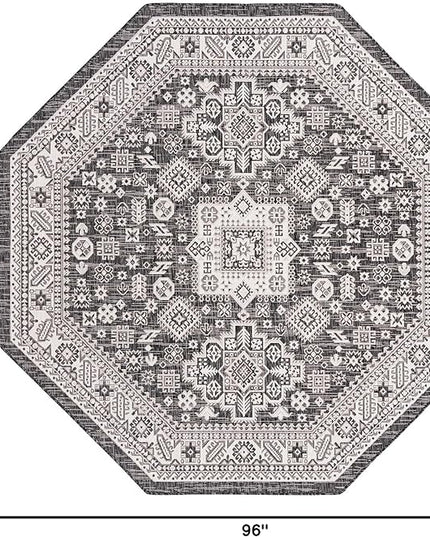 Rugs.com Outdoor Aztec Collection Rug – 8 Ft Octagon Charcoal Gray Flatweave Rug Perfect for Living Rooms, Kitchens, Entryways