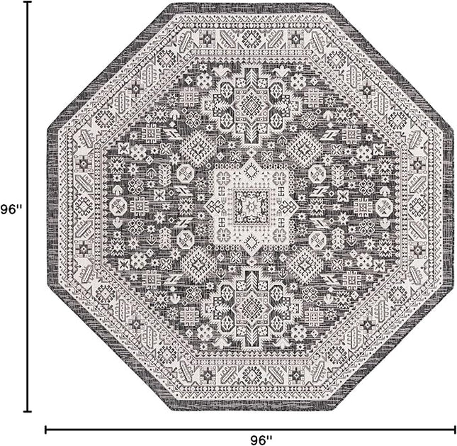 Rugs.com Outdoor Aztec Collection Rug – 8 Ft Octagon Charcoal Gray Flatweave Rug Perfect for Living Rooms, Kitchens, Entryways