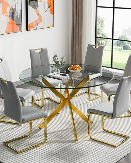 HomVent 7 Piece Round Glass Dining Table Set, Round Glass Kitchen Table Set for 6 with 6 PU Upholstered Dining Chairs for Kitchen Dining Room