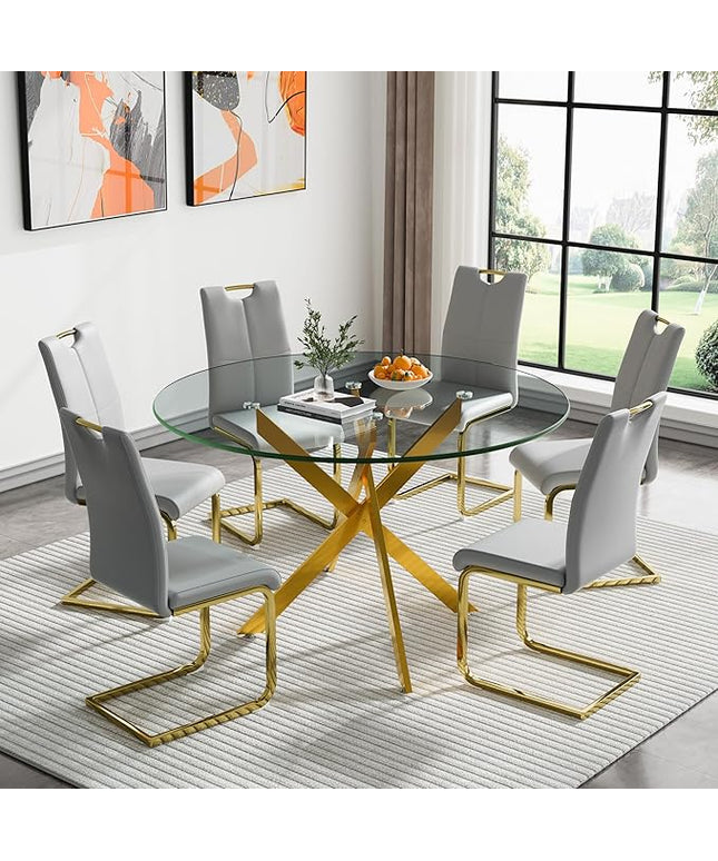 HomVent 7 Piece Round Glass Dining Table Set, Round Glass Kitchen Table Set for 6 with 6 PU Upholstered Dining Chairs for Kitchen Dining Room
