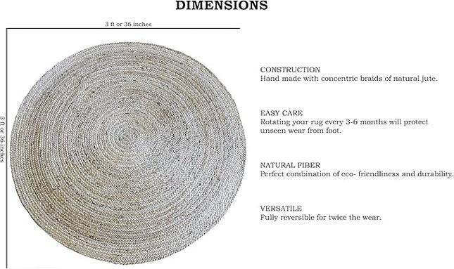 FRELISH DECOR Handwoven Jute Area Rug - 3 feet Round - Natural Yarn - Rustic Vintage Beige Braided Reversible Rug - Eco Friendly Rugs for Bedroom - Kitchen - Living Room - Farmhouse (3' Round)
