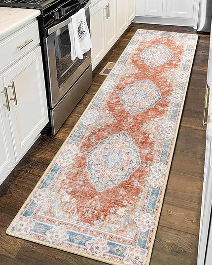 MUJOO Hallway Runner Rug 2'x8' Long Rug Runners Boho Machine Washable Non Slip Carpet for Entryway Kitchen Bathroom Bedside Retro Soft Low-Pile Blossom Orange