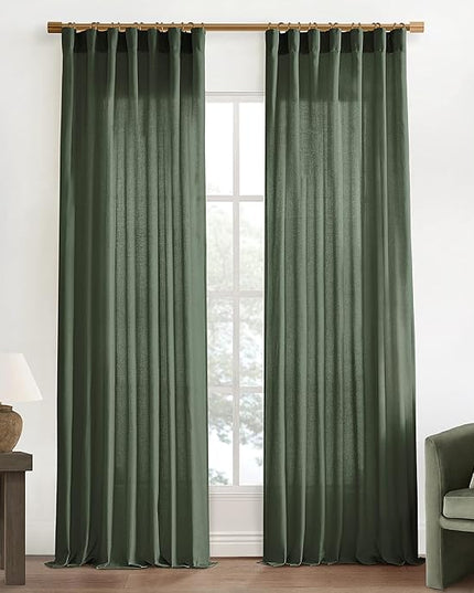 XTMYI 102 Inch Length Olive Green Sheer Linen Curtains 2 Panels Set,Hook Belt Pleated Back Tab Cotton Polyester Blend Light Filtering Semi Sheer Curtain Drapes for Living Room Bedroom,50x102 in Long