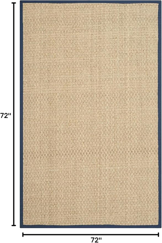 SAFAVIEH Area Rug 6' Square - Natural Fiber Collection - Natural & Blue, Seagrass, Basketweave Pattern with Border (NF114E)