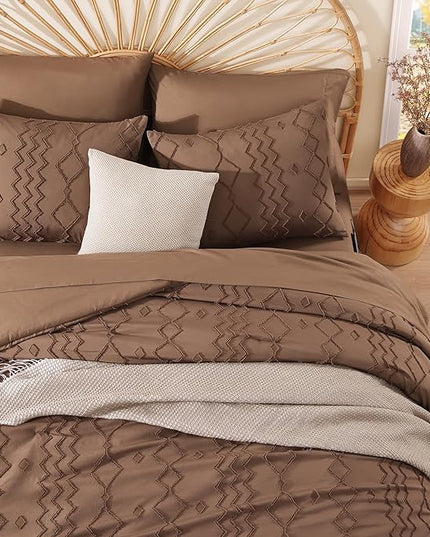 King Size Comforter Set Brown, Tufted Boho Bedding Farmhouse Bed Set, All Season 7 Pieces Bed in a Bag with Sheets, Pillowcases & Shams
