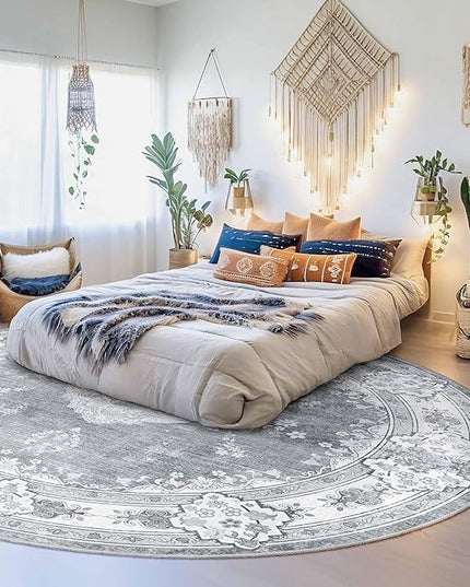 MUJOO Grey Round Rug 9ft,Large Circle Washable Area Rugs for Bedroom Living Room Bathroom,Boho Non Slip Circular Carpet,Floral