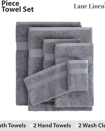 Lane Linen 100% Cotton Luxury Bathroom Towel Set - 6 Pcs - RingSpun, QuickDry, Very Soft & Highly Absorbent - 2 Large Bath Towels, 2 Washcloths, 2 Hand Towels - Pre Shrunk & Fade Resistant - Cool Grey