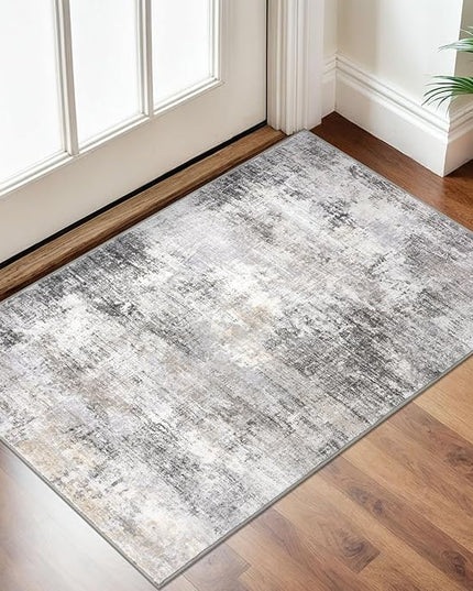IOHOUZE Small Abstract Area Rug 2x3 Ft Entryway Rugs Washable Door Mat Indoor Entrance, Rubber Backed Throw Rugs, Printed Faux Wool Non Slip Floor Carpet for Foyer Front Door Sink, Grey Beige