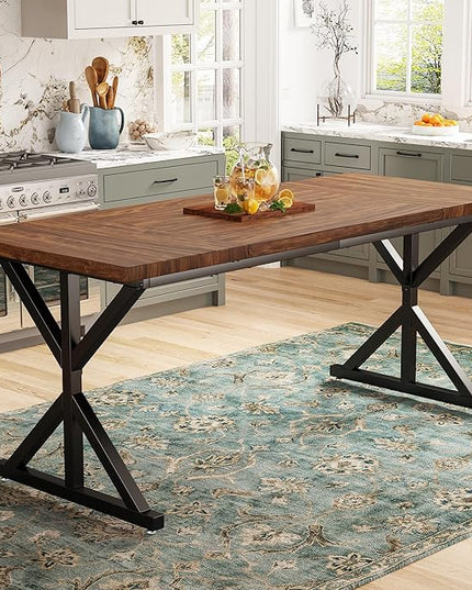 70.8 Inch Rectangular Dining Table for 6-8 People, Farmhouse Kitchen Table with Metal Base & Solid Wood Top, Easy Assembly, Water-Resistant, for Dining Room & Kitchen, Walnut & Black