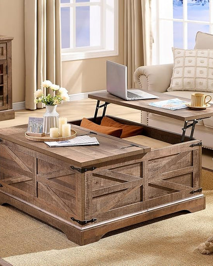 JXQTLINGMU Farmhouse Lift Top Coffee Table with Storage, 36" Wood Square Center Table with Large Hidden Compartment, Rustic Lift Tabletop Dining Table for Home Living Room, Light Brown