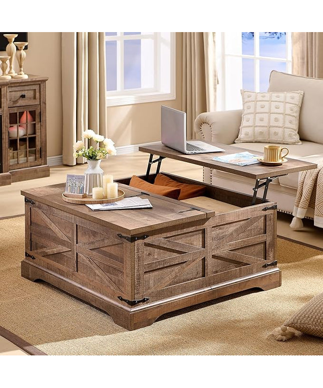 JXQTLINGMU Farmhouse Lift Top Coffee Table with Storage, 36" Wood Square Center Table with Large Hidden Compartment, Rustic Lift Tabletop Dining Table for Home Living Room, Light Brown