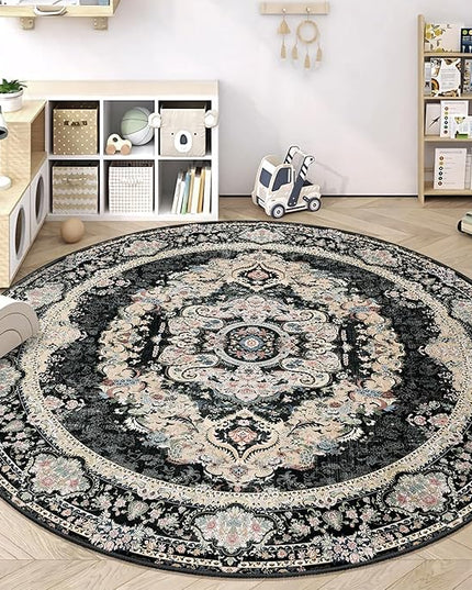 Black Round Rug 9ft,Large Circle Area Rugs for Bedroom Living Room Dining Room,Washable Boho Vintage Bohemian Distressed Oriental Carpet Non Slip,Floral