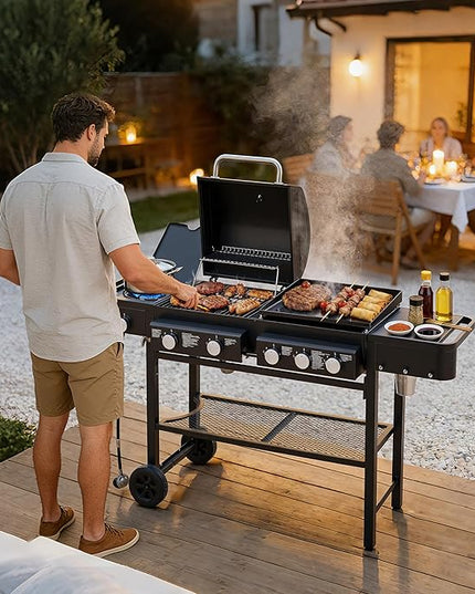 All-in-One Propane Gas Grill & Griddle Combo, 56,000 BTU 5-Burner BBQ Grill with Side Burner, 745 Sq.In Cooking Area, Heavy-Duty Outdoor Grill for Backyard & Patio