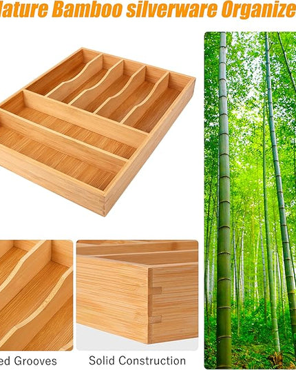 Bellsal Bamboo Silverware Drawer Organizer, Kitchen Utensil Drawer Organizers, 12"x15.7" Utensils Holder Cutlery Tray with Grooved Drawer Dividers for Kitchen Flatware Bedroom Office(7 Slot, Natural)