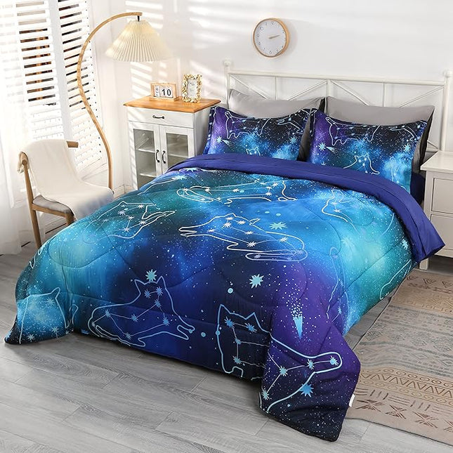 Wowelife Galaxy Bedding Twin Comforter Set for Boys and Girls 5 Pieces Cat Galaxy Comforter Set Outer Space Twin Bedding Set with Sheets Comfortable and Breathable for Kids
