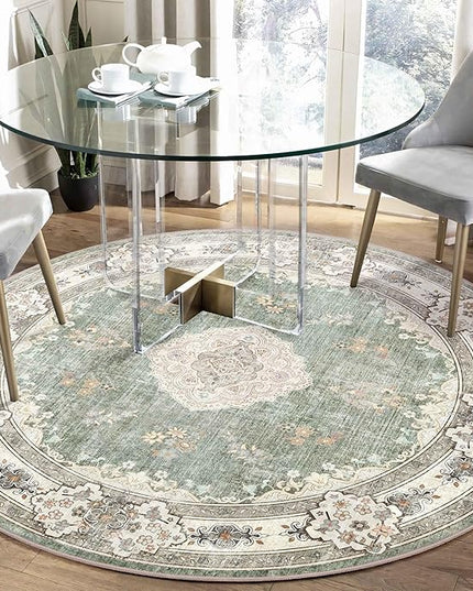 MUJOO Green Round Rug 5ft,Circle Washable Area Rugs for Bedroom Living Room Bathroom,Boho Large Non Slip Circular Carpet,Sage Floral