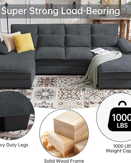 110“ Convertible Sectional Sofa, U Shape Cloud Couch, Comfy Couches with Double Chaise and Sleepable Armrests, 4 Seats Sectional Couches for Living Room, Dark Grey
