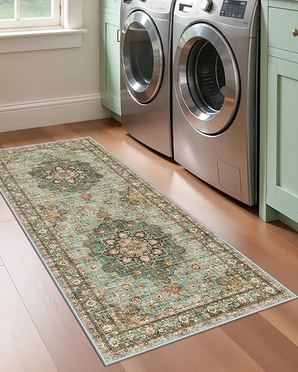Washable Entryway 2x5 Rug - Small Throw Runners for Kitchen Bathroom Bedroom Non-Slip Ultra-Thin Indoor Door Mat Indoor Entrance - Stain Resistant Vintage Home Decor (Green, 2X5)