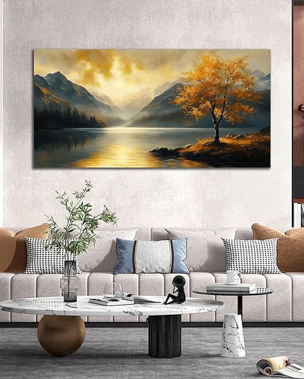 Ouzzlie Lake Wall Art Landscape Wall Decor Yellow Tree Canvas Art for Living Room Office Bedroom Sunshine Forest Large Picture 29" x 59"