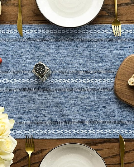 Artoid Mode Blue Rustic Cotton Linen Table Runner, Seasonal Embroidered Hollow Kitchen Dining Table Decoration for Home Party Decor 13x72 Inch