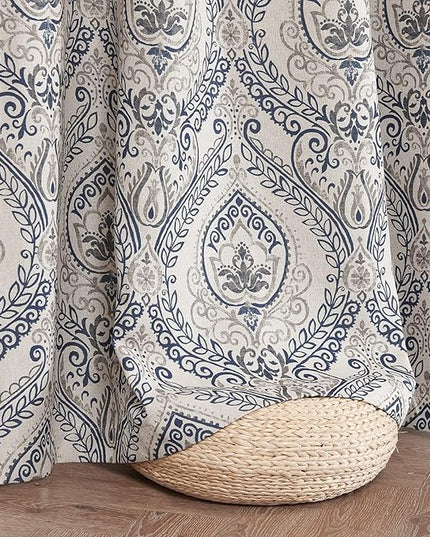 jinchan Linen Textured Curtains for Living Room Darkening 54 Inch Length, Medallion Drapes for Bedroom, Damask Pattern Window Treatments Vintage Curtain Panels, 2 Panels Blue on Greige