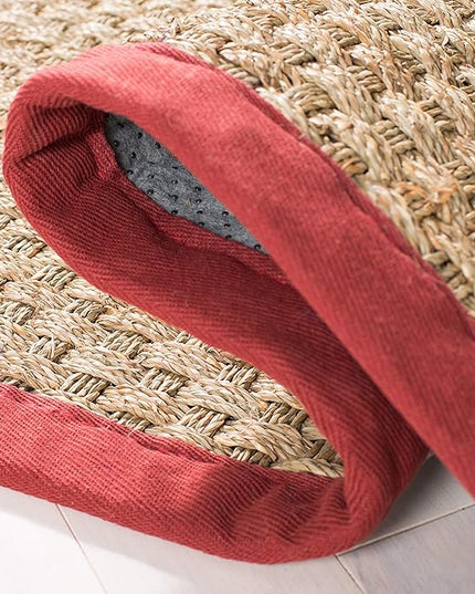 SAFAVIEH Area Rug 9x12 - Natural Fiber Collection - Large - Natural & Red, Seagrass, Basketweave Pattern with Border (NF114D)