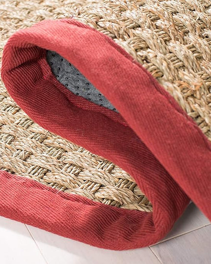 SAFAVIEH Area Rug 8' Square - Natural Fiber Collection - Large - Natural & Red, Seagrass, Basketweave Pattern with Border (NF114D)