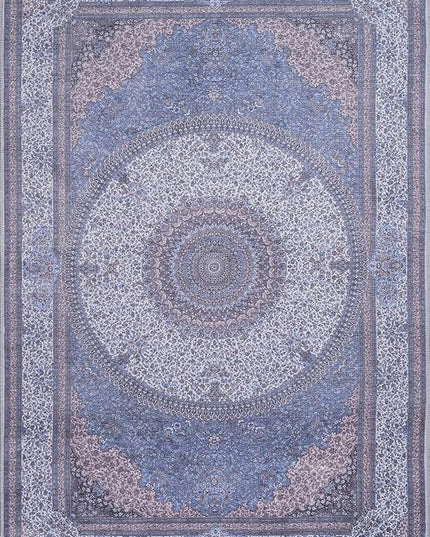 GLN Rugs Traditional Collection - Machine Washable Area Rug, Traditional Washable, Non Slip, Low Pile Chenille Rug, Living Room, Bedroom, Kitchen Rug (6'-6" x9'-6" Navy/Off White)