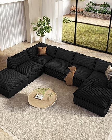 Vesgantti 141.7" Oversized Sectional Boneless Couch, Modern 7 Seater Modular Sofa with Chaise & Ottoman, Deep Seat Plush Corduroy Cloud Couches for Living Room, No Assembly Required, Black
