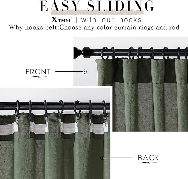 XTMYI Short Curtains for Bathroom Window,Dark Olive Green Boho Bathroom Decor Shower,Sheer Linen Kitchen Curtains,45 Inch Length