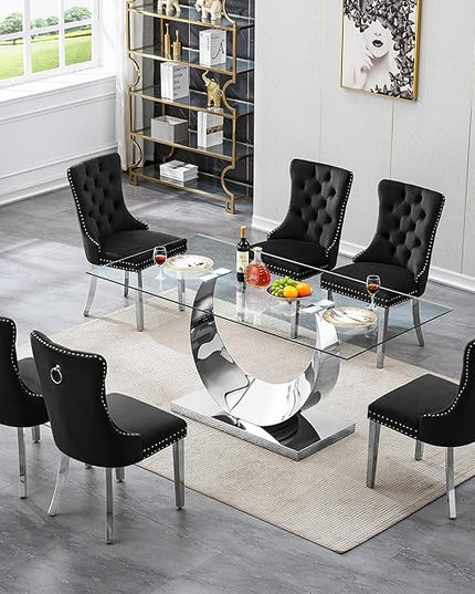 7 Piece Dining Table Set, Modern Glass Dining Table Set for 6, 70" Luxury Glass Table w/Silver Stainless Steel Base & 6 Black Tufted Chairs, Kitchen Dining Room Sets for 6 for Breakfast Dinner Dinette