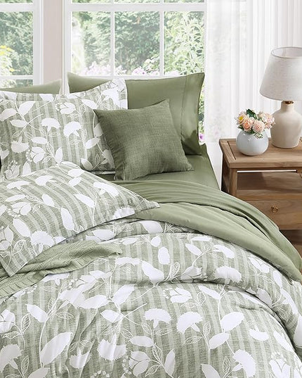 King Comforter Set -7 Pieces Sage Green Floral Comforter Set for All Seasons, Bed in a Bag King with Botanical Flowers Comforter, Sheets, Pillowcases & Shams