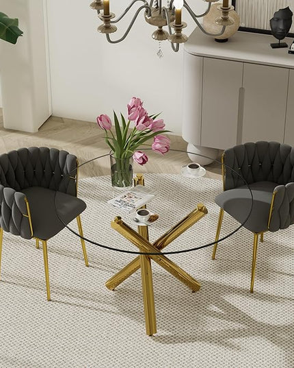 3 Piece Modern Glass Round Dining Set, Clear Circle Glass Top Dinner Room Set, 36'' Gold Luxury Circular Kitchen Table and Grey Woven Chairs Set of 2, for Small Apartment Bedroom Leisure