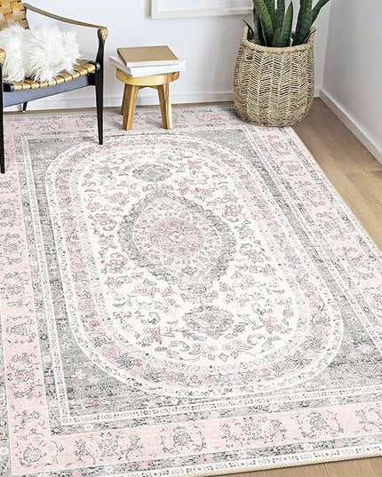 Pink Rug 3x5,Boho Washable Area Rugs for Bedroom Living Room Kitchen Entryway,Small Vintage Distressed Farmhouse Non Slip Carpet,Grey Blush Floral