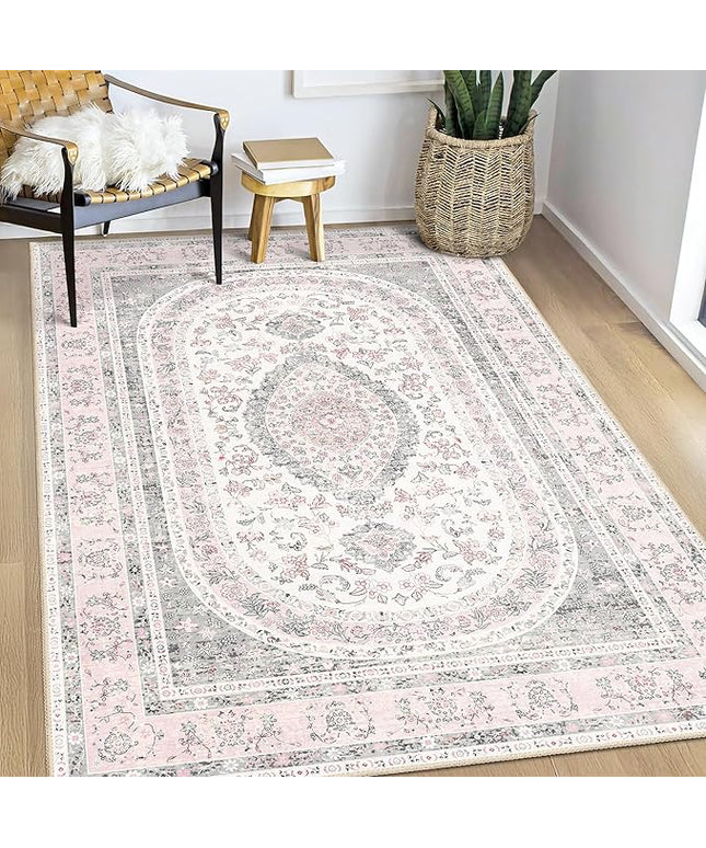 Pink Rug 3x5,Boho Washable Area Rugs for Bedroom Living Room Kitchen Entryway,Small Vintage Distressed Farmhouse Non Slip Carpet,Grey Blush Floral