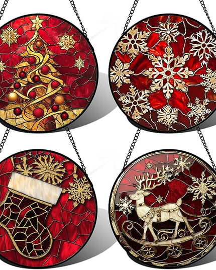 Stained Glass Window Hanging 4 Pcs Set Red Christmas Elk Snowflakes 7.8" - Deer Suncatcher Door Garden Sun Catcher Decor Birthday for Mom Woman Nana Men Friend