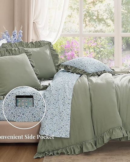 Full Comforter Set - 7 Pieces Ruffle Sage Green Bedding Sets, Shabby Chic Farmhouse Bed in a Bag Full with Ruffle Comforter, Floral Sheets, Pillowcases & Shams