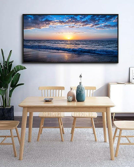 Blue Ocean Framed Wall Decor Living Room Large Size Canvas Wall Art For Bedroom Boho Home Decor Sea Beach Canvas Pictures Artwork Sunny Sea View Painting Office Wall Decorations Black Framed 30" X 60"